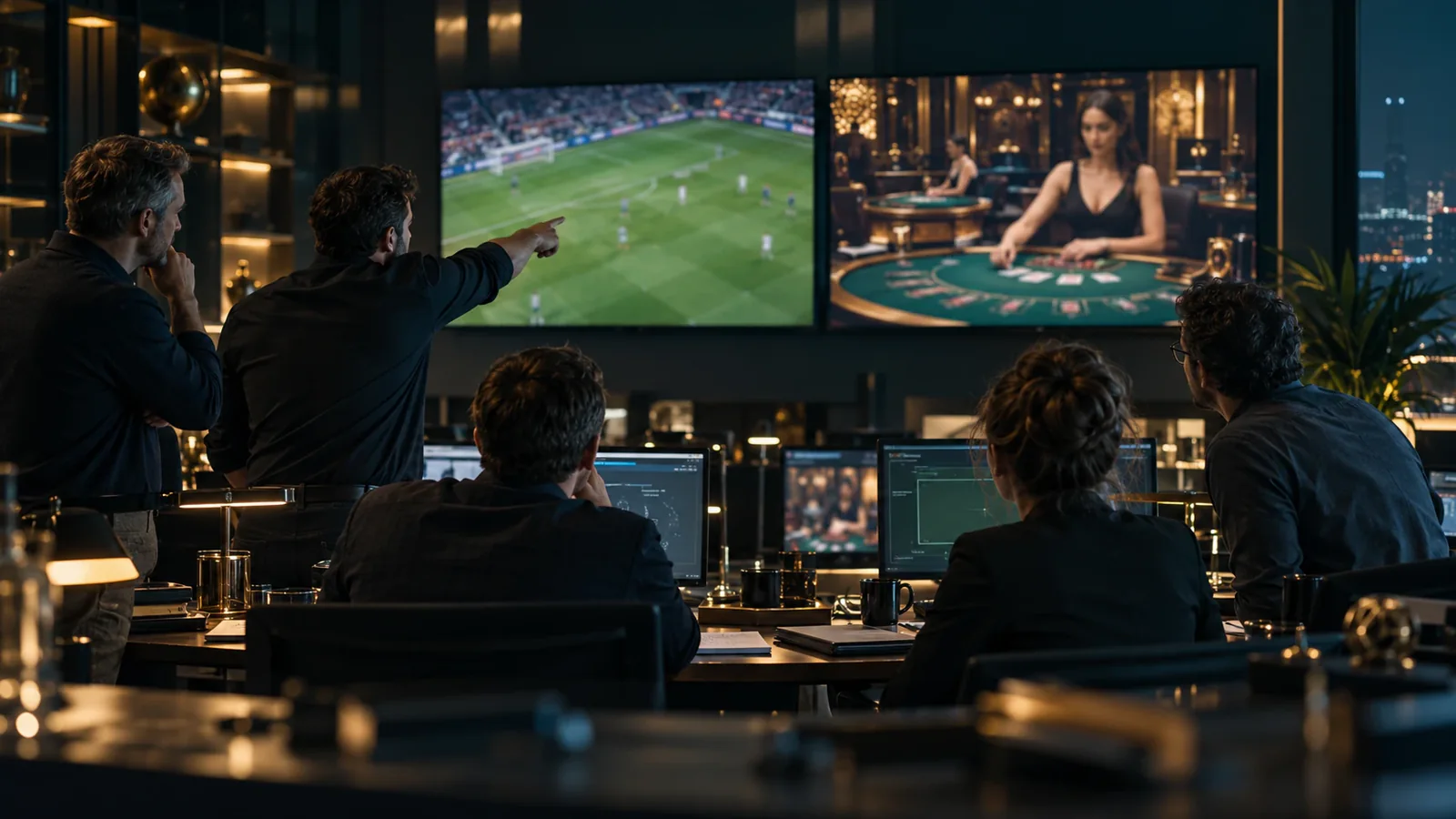 An editorial team at night watching a football match and a live casino stream on large newsroom screens, one editor pointing at the screen.