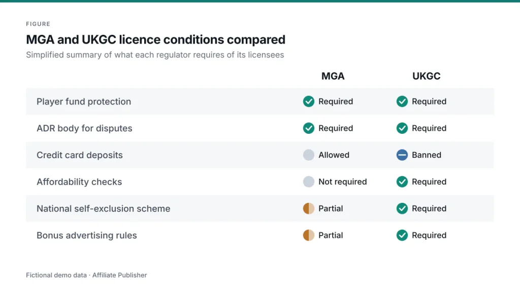 Comparison matrix of six licence conditions for the Malta Gaming Authority and the UK Gambling Commission: player fund protection (both required), ADR body (both required), credit card deposits (MGA allowed, UKGC banned), affordability checks (MGA not required, UKGC required), national self-exclusion scheme (MGA partial, UKGC required) and bonus advertising rules (MGA partial, UKGC required).