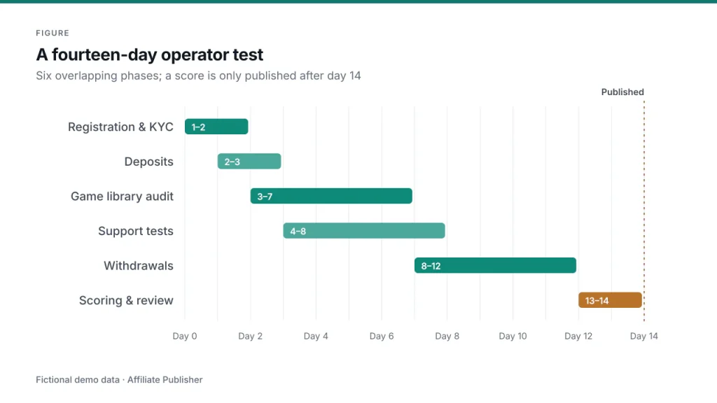 Timeline of a fourteen-day operator test in six overlapping phases: registration and KYC on days 1 to 2, deposits on days 2 to 3, game library audit on days 3 to 7, support tests on days 4 to 8, withdrawals on days 8 to 12 and scoring and review on days 13 to 14.