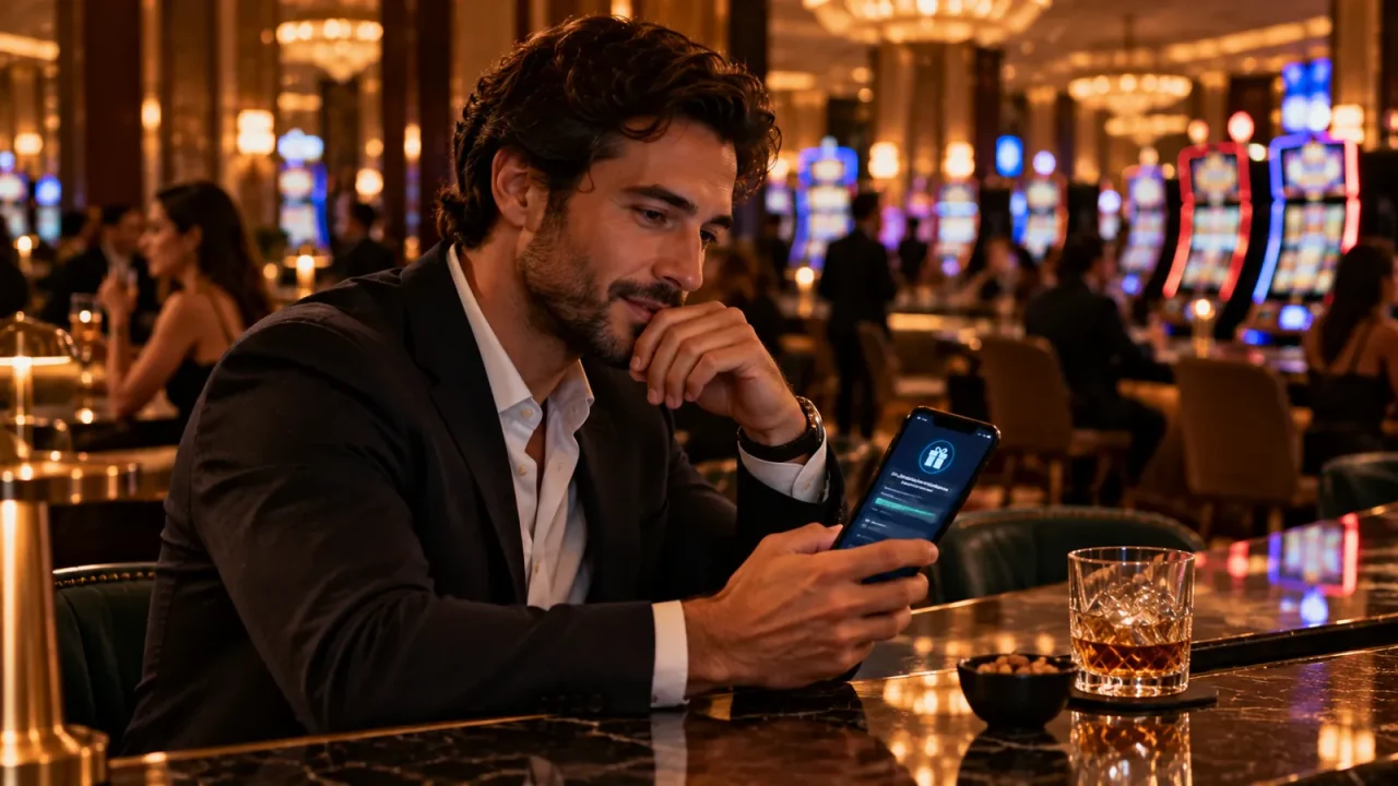 A player at a casino bar reading bonus terms on a phone, slot machines glowing softly behind.