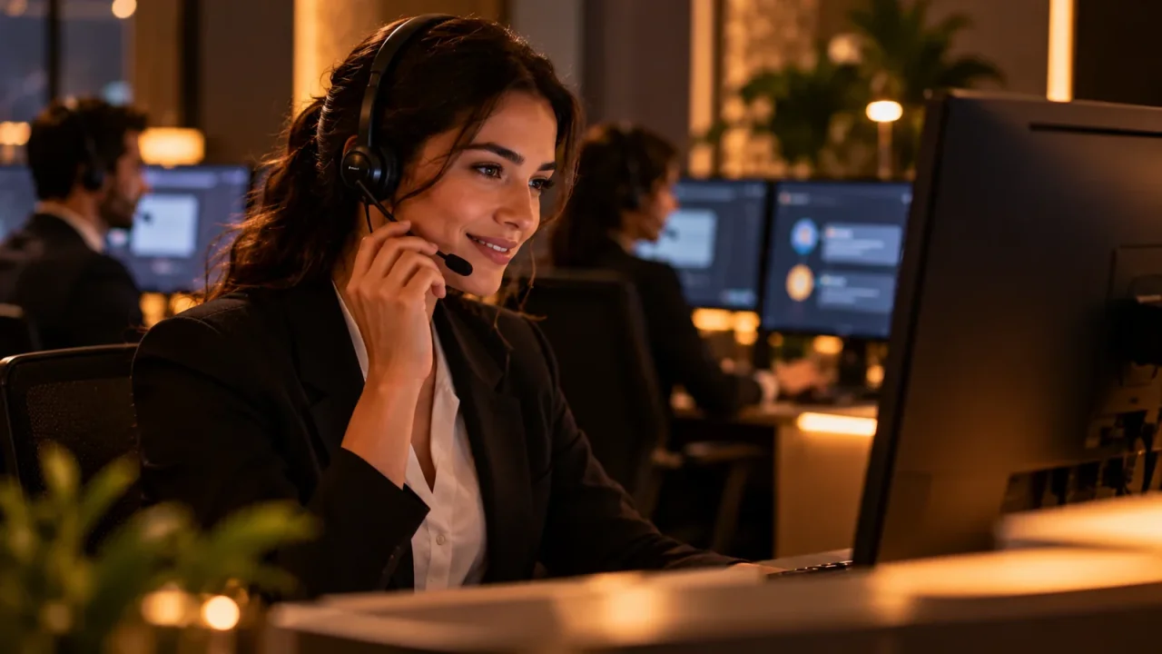 A customer support agent with a headset helping a player at night.
