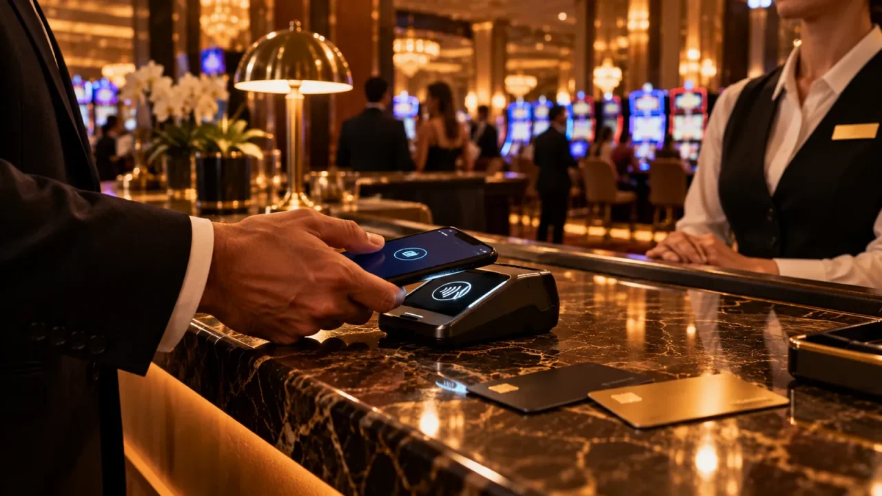 A guest taps a phone on a contactless reader at a casino resort cashier counter.