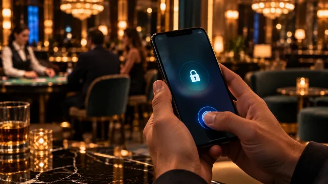 A thumb on a phone's fingerprint unlock showing a padlock, a casino lounge blurred behind.