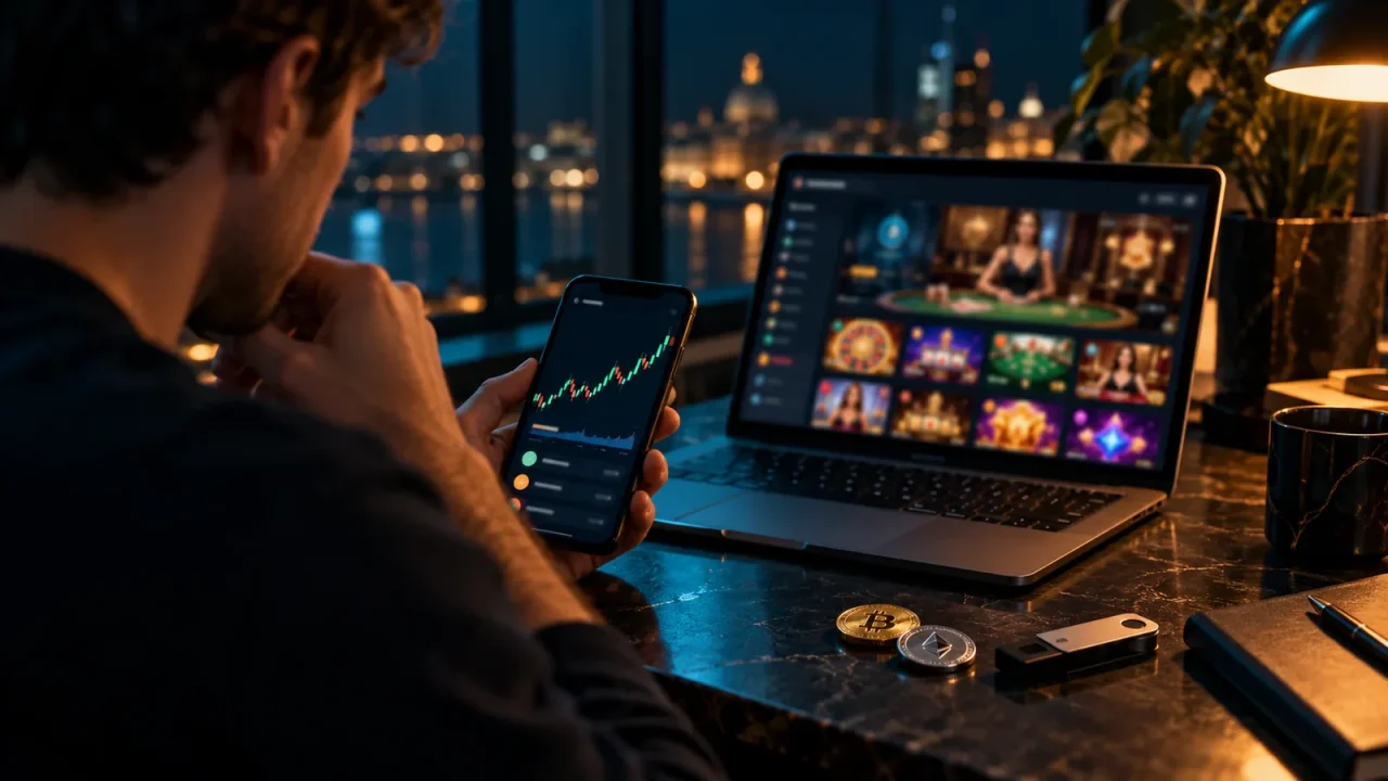 A player at night with a crypto chart on a phone and an online casino lobby on a laptop, a hardware wallet beside the keyboard.