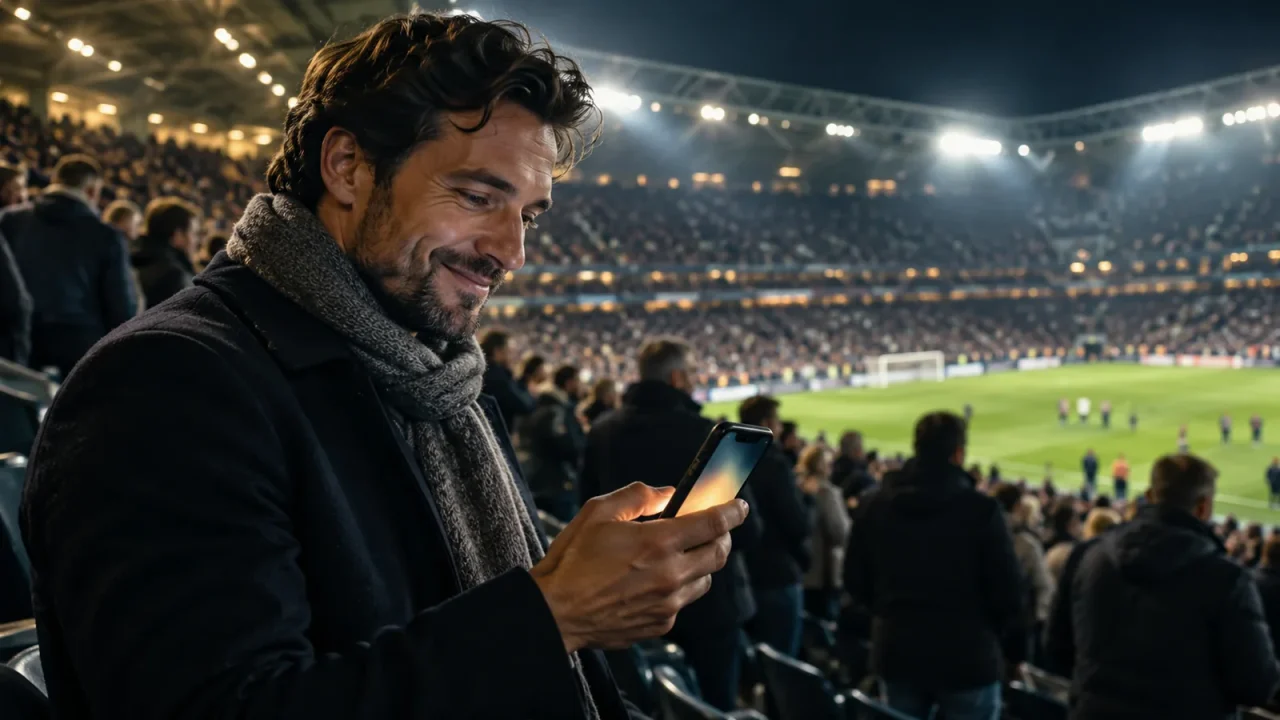 A football fan in a floodlit stadium after the final whistle, checking a phone with a satisfied smile.
