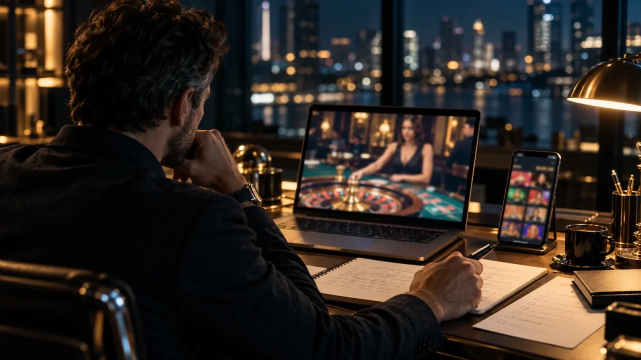 A reviewer at night testing an online casino on a laptop and a phone, with handwritten notes and a checklist on the desk.