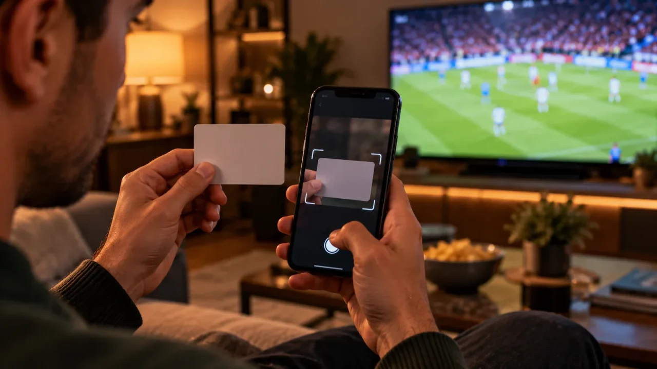 A person at home holding a blank identity card next to a phone camera to verify an account.