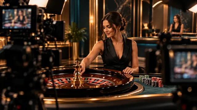A dealer at a roulette wheel in a live casino broadcast studio, cameras and studio lights in the foreground.