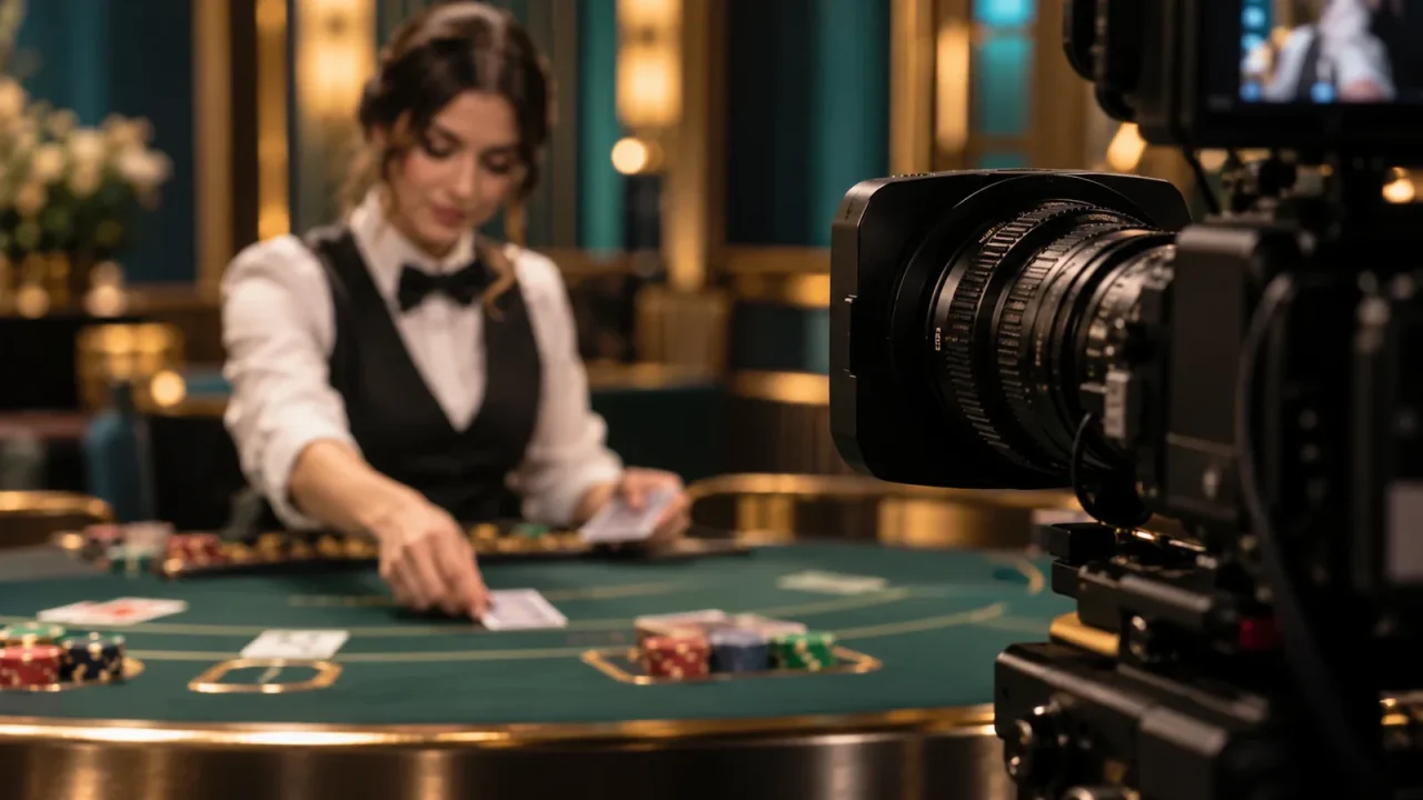 A live dealer dealing blackjack in a broadcast studio, a camera lens in the foreground.