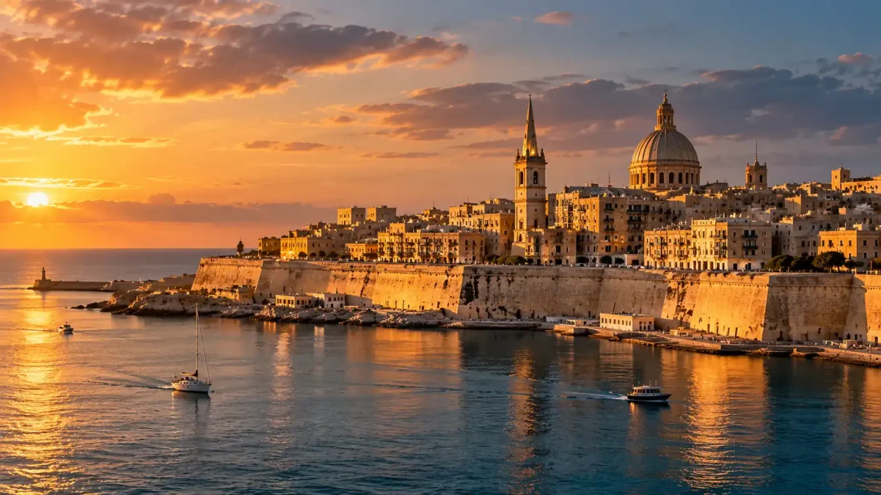 The Grand Harbour of Valletta, Malta, at golden hour.
