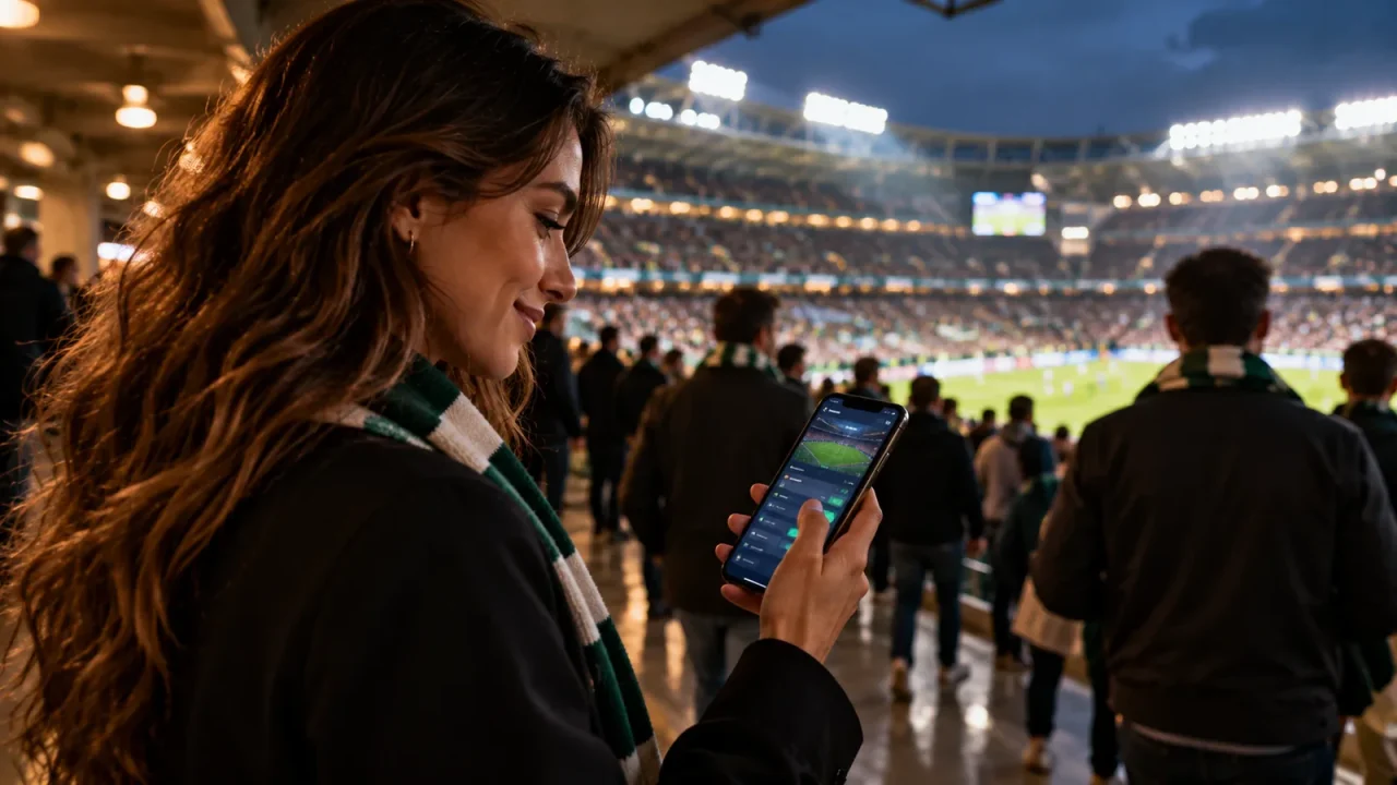 A woman on a stadium concourse before kick-off using a sports app on her phone.