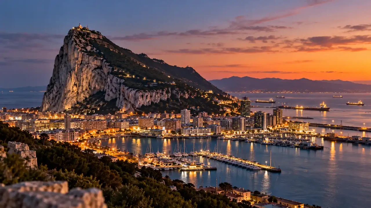 The Rock of Gibraltar and its harbour at dusk.
