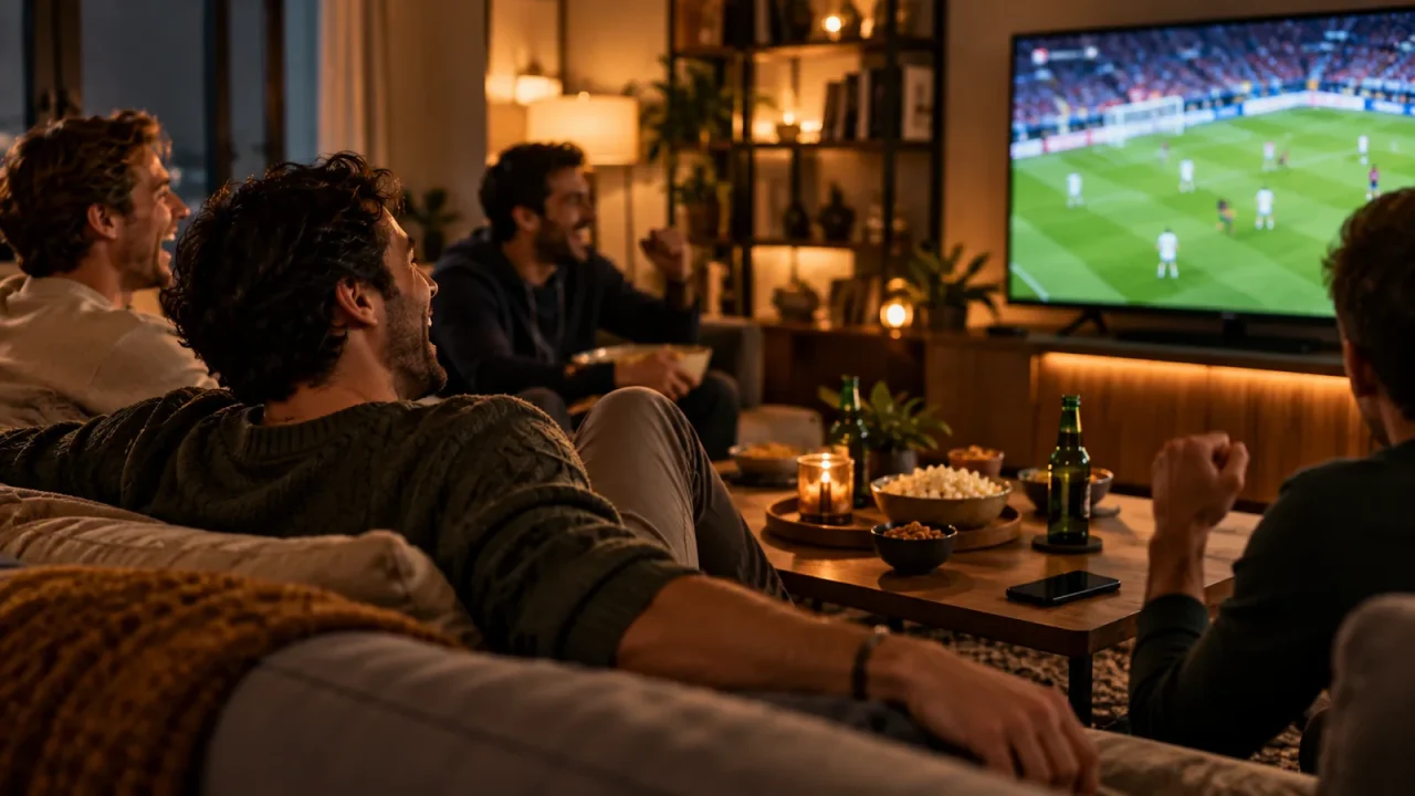 Friends watching a football match at home, one has put a phone face down on the table and relaxes.