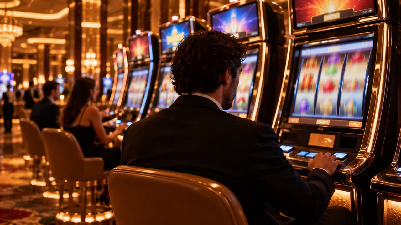A player at a row of modern slot machines in an elegant casino, reels in motion.