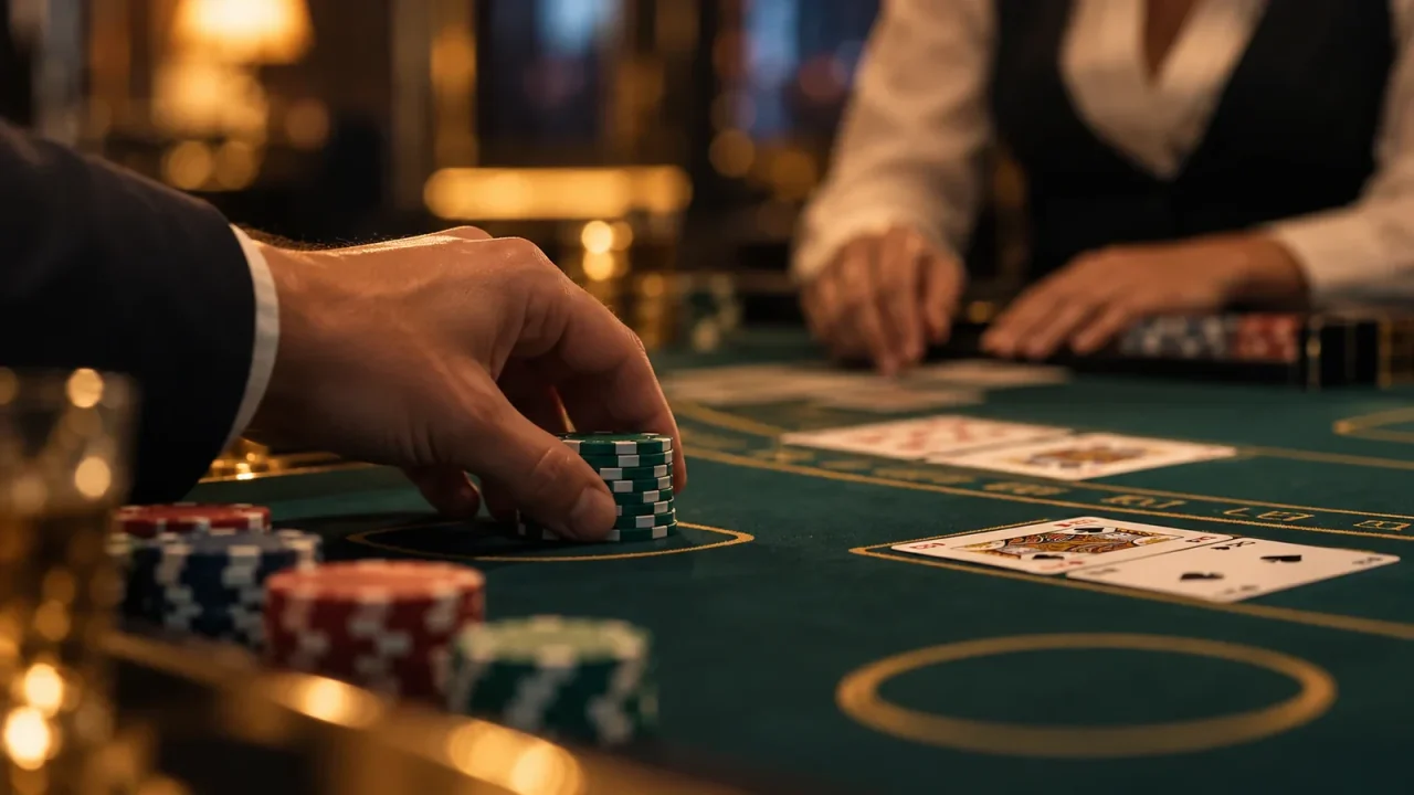 A player's hand placing a small stack of chips on a blackjack table under warm light.